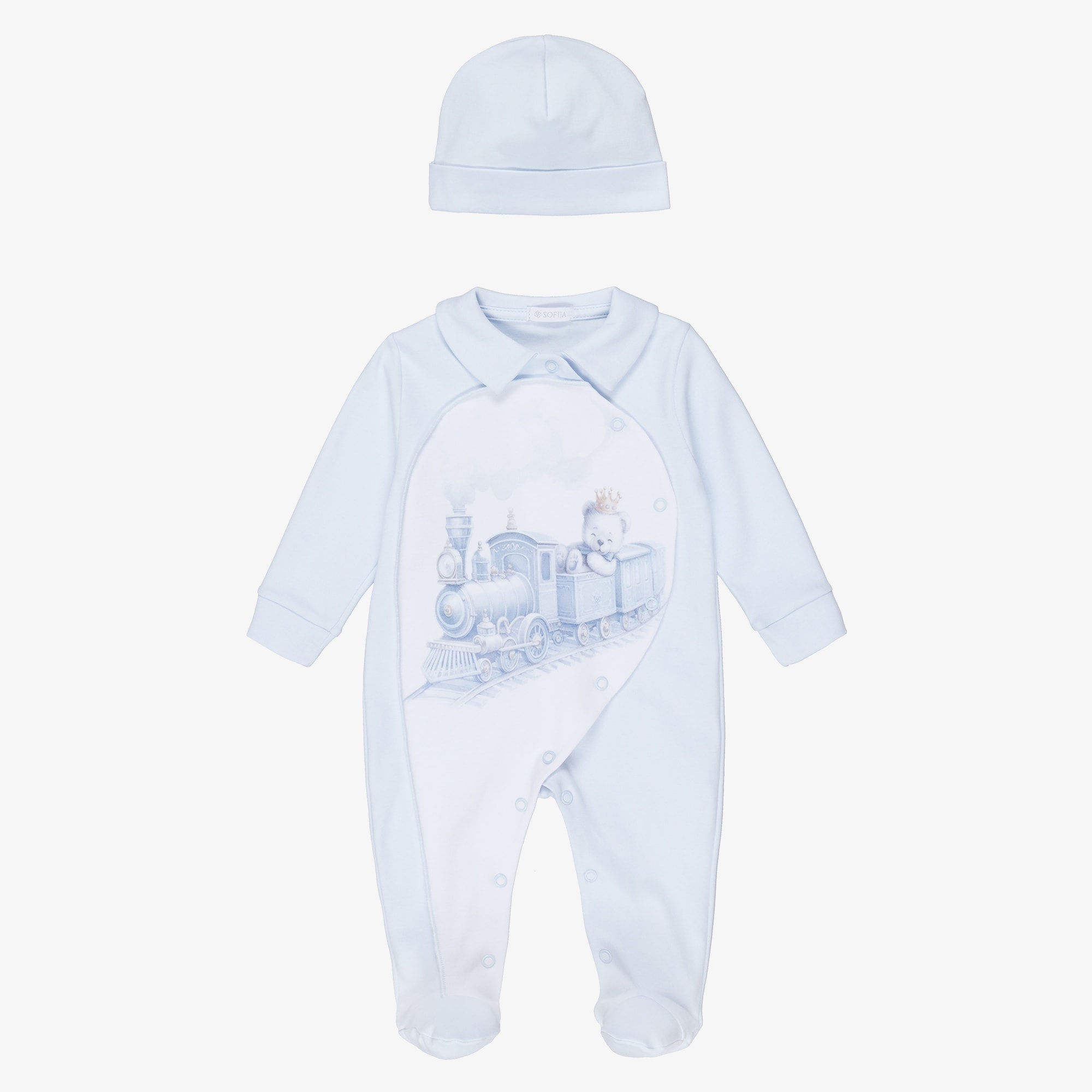Boys White & Blue Cotton Teddy Print Babygrow Set - View 3