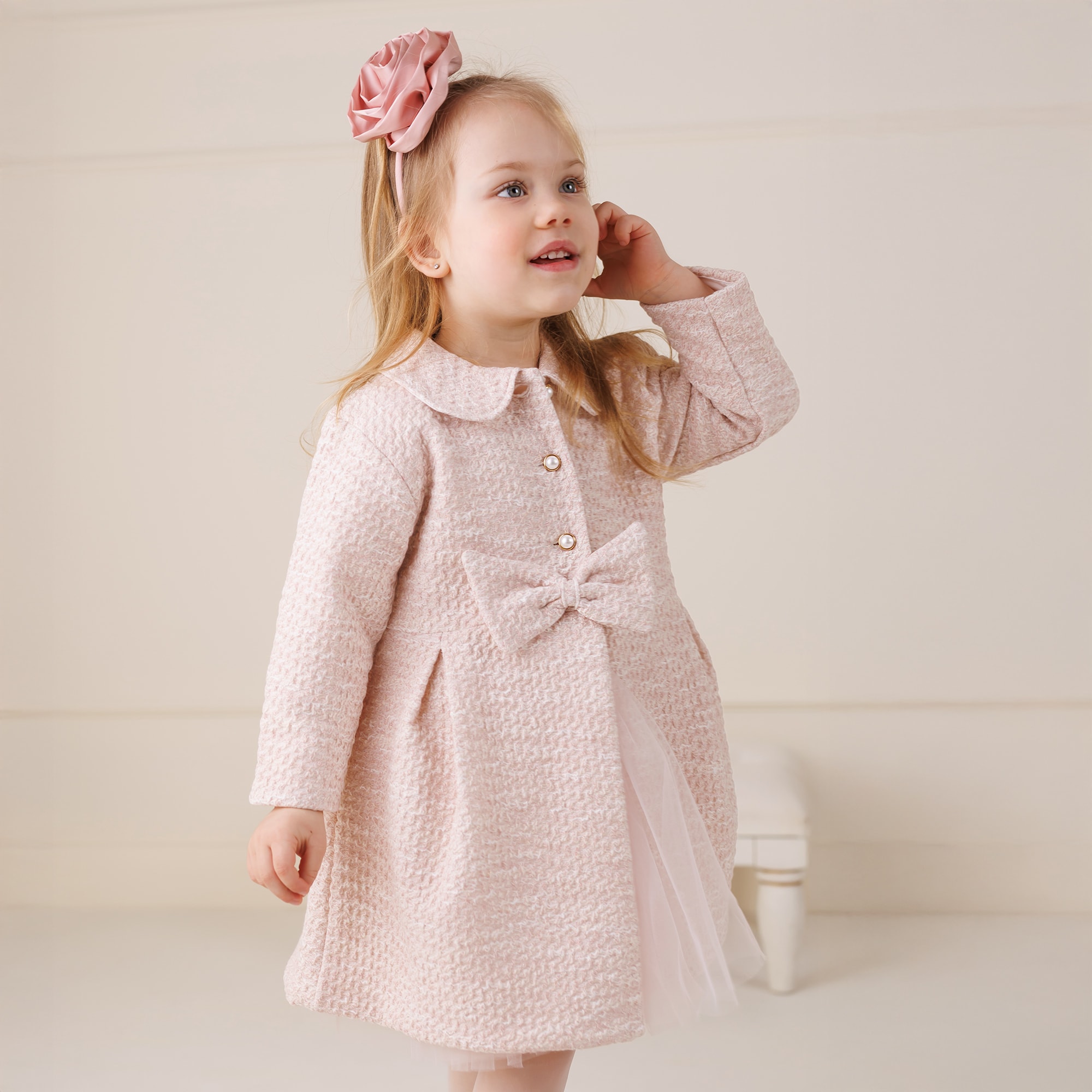 Girls Pink Cotton Tweed Coat - View 2