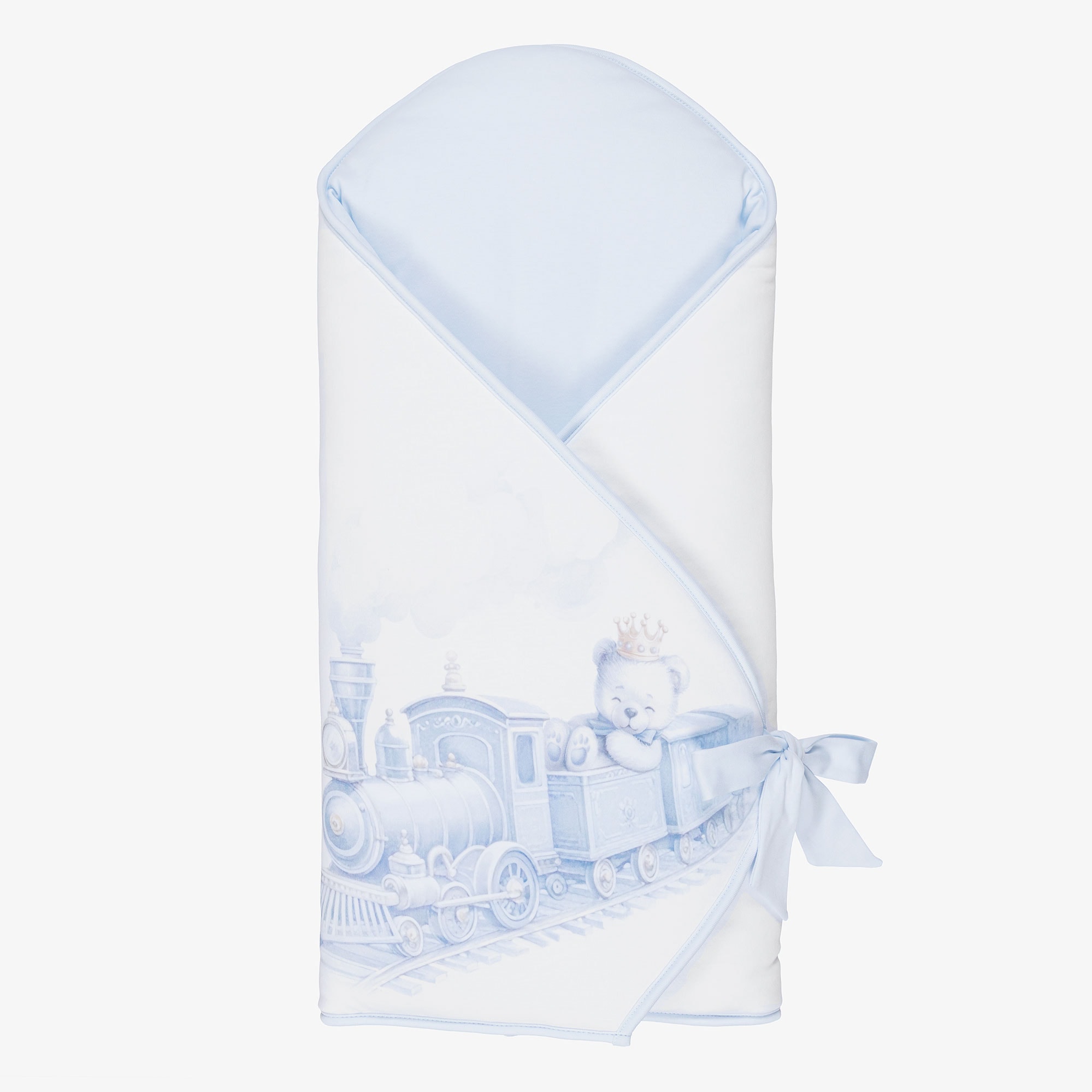 White & Blue Cotton Teddy & Train Print Nest (64cm) - View 1