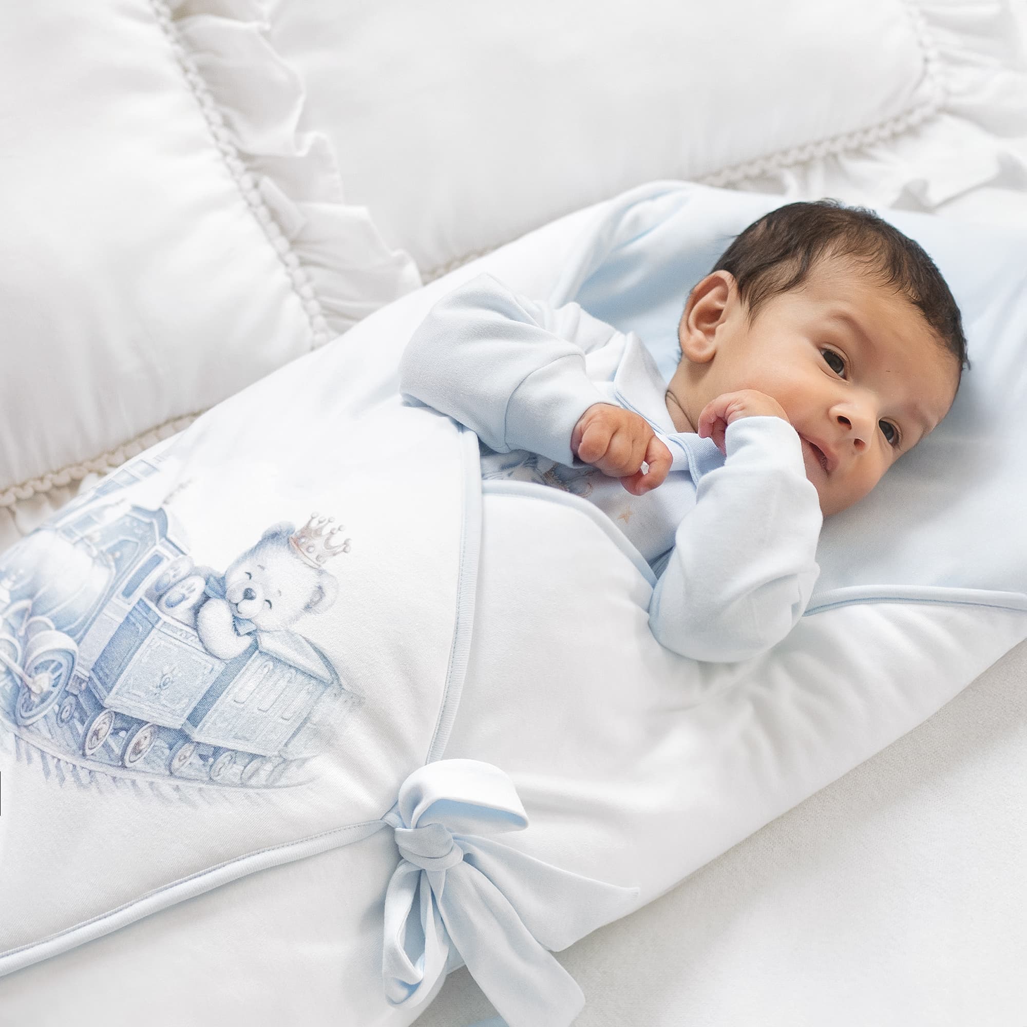 White & Blue Cotton Teddy & Train Print Nest (64cm) - alternate view