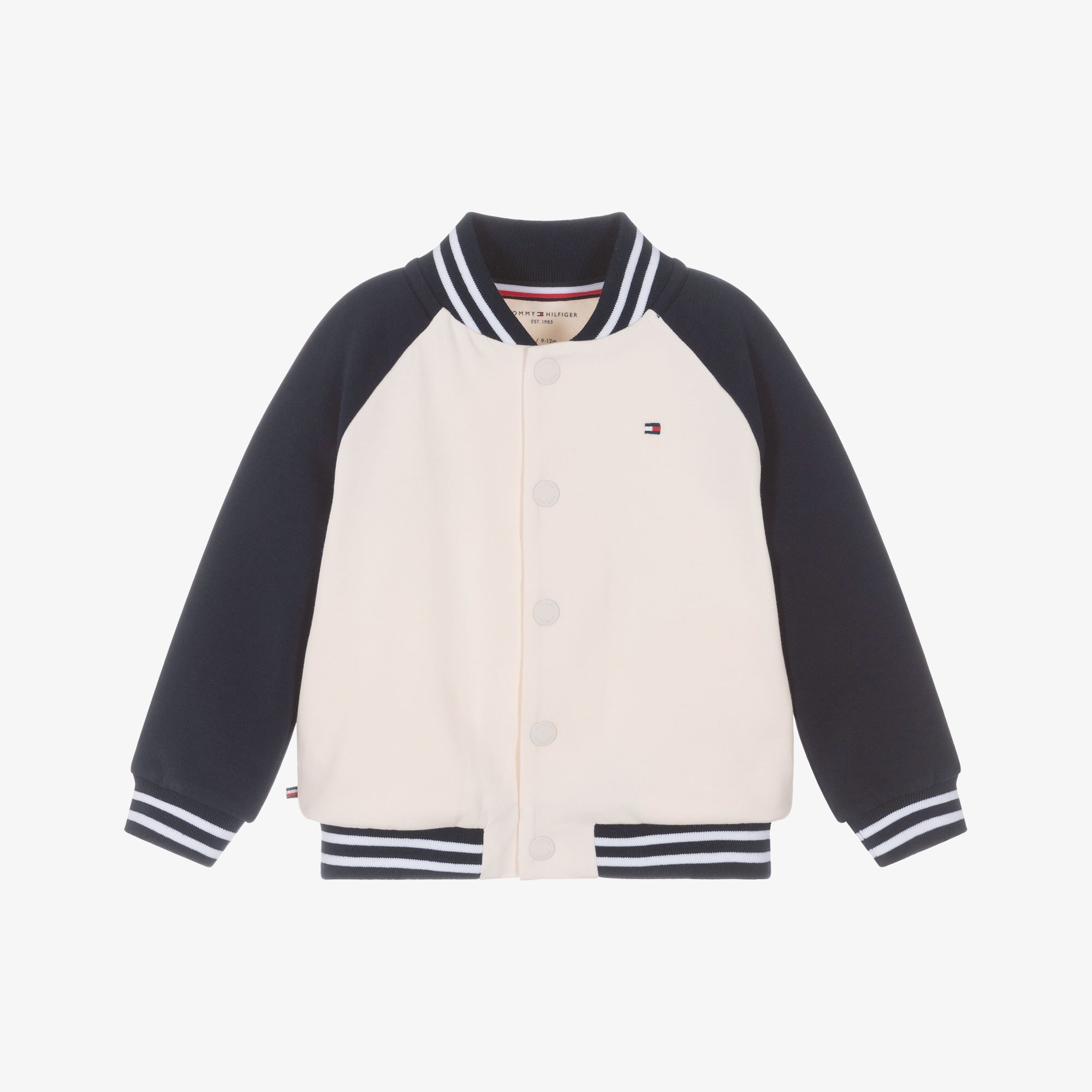 Baby Boys Ivory & Navy Blue Cotton Jersey Bomber Jacket - View 1