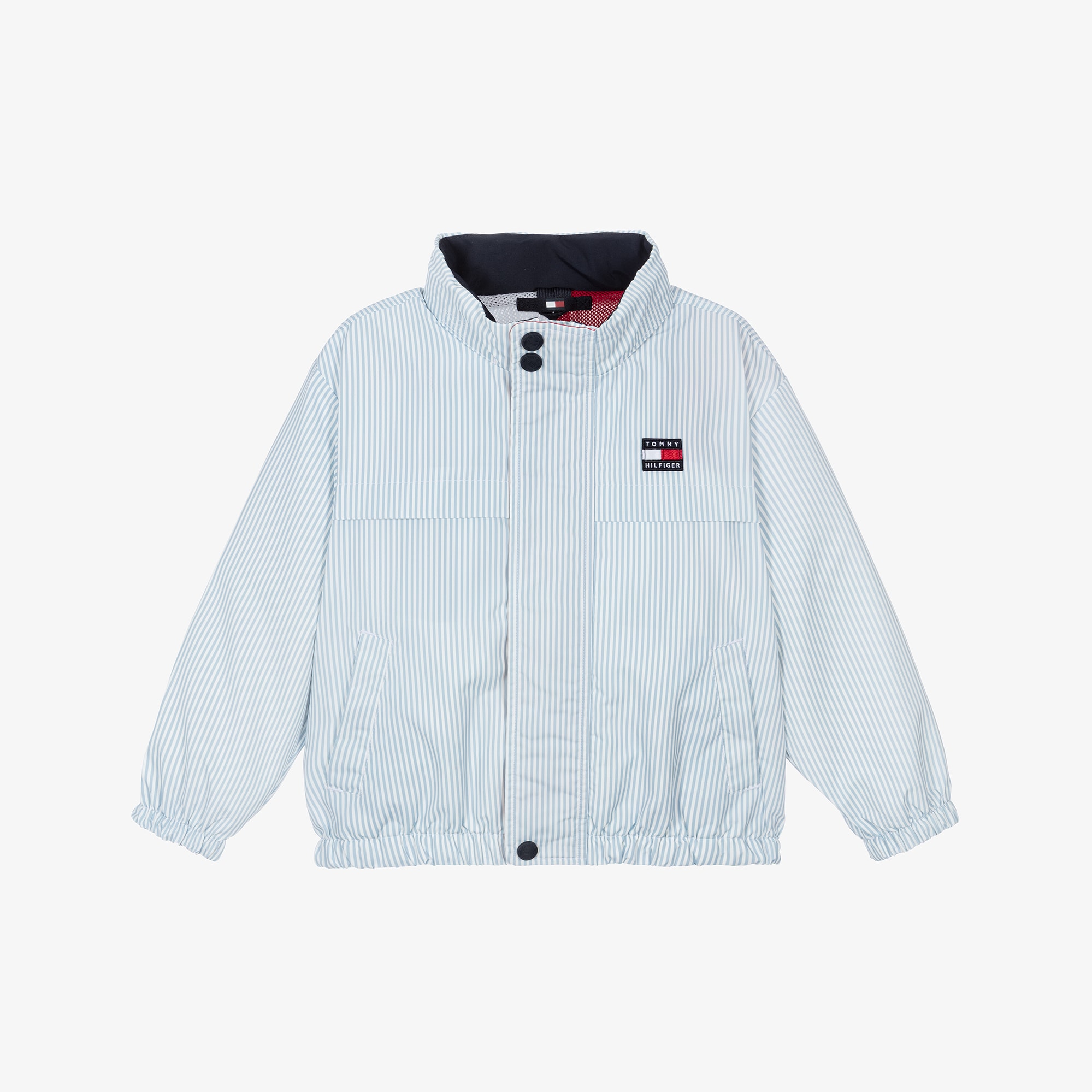 Boys Blue Striped Jacket with Pack-Away Hood - View 1