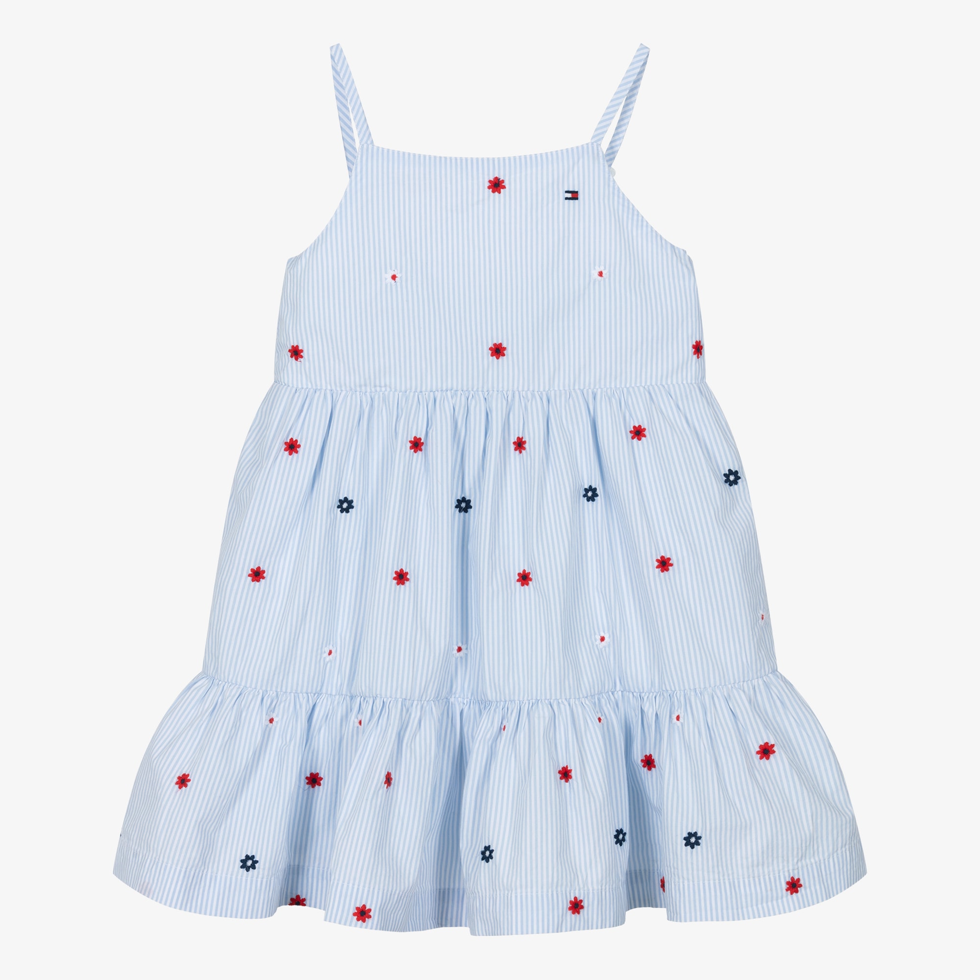 Girls Blue Striped Cotton Dress with Floral Embroidery - View 1