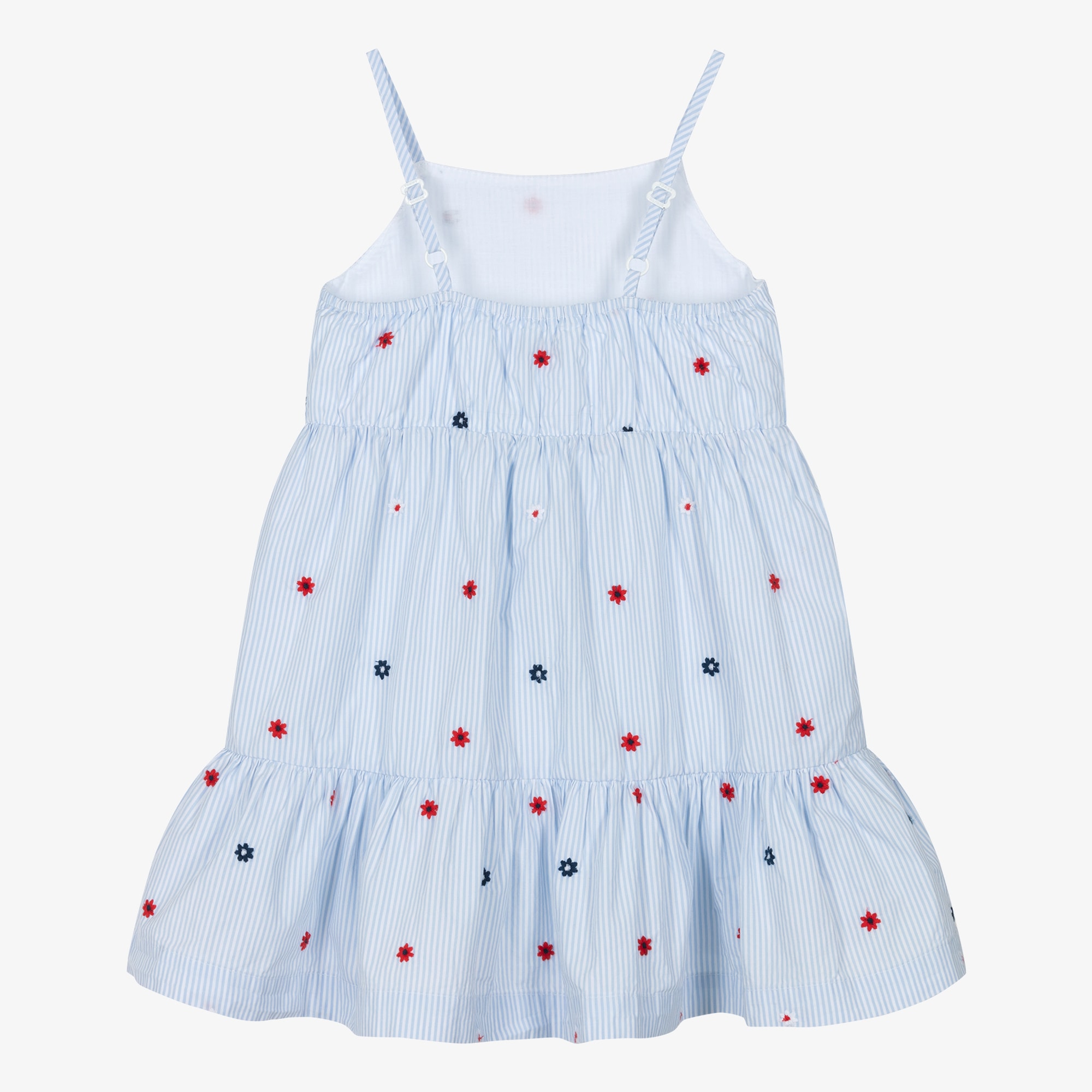 Girls Blue Striped Cotton Dress with Floral Embroidery - View 2