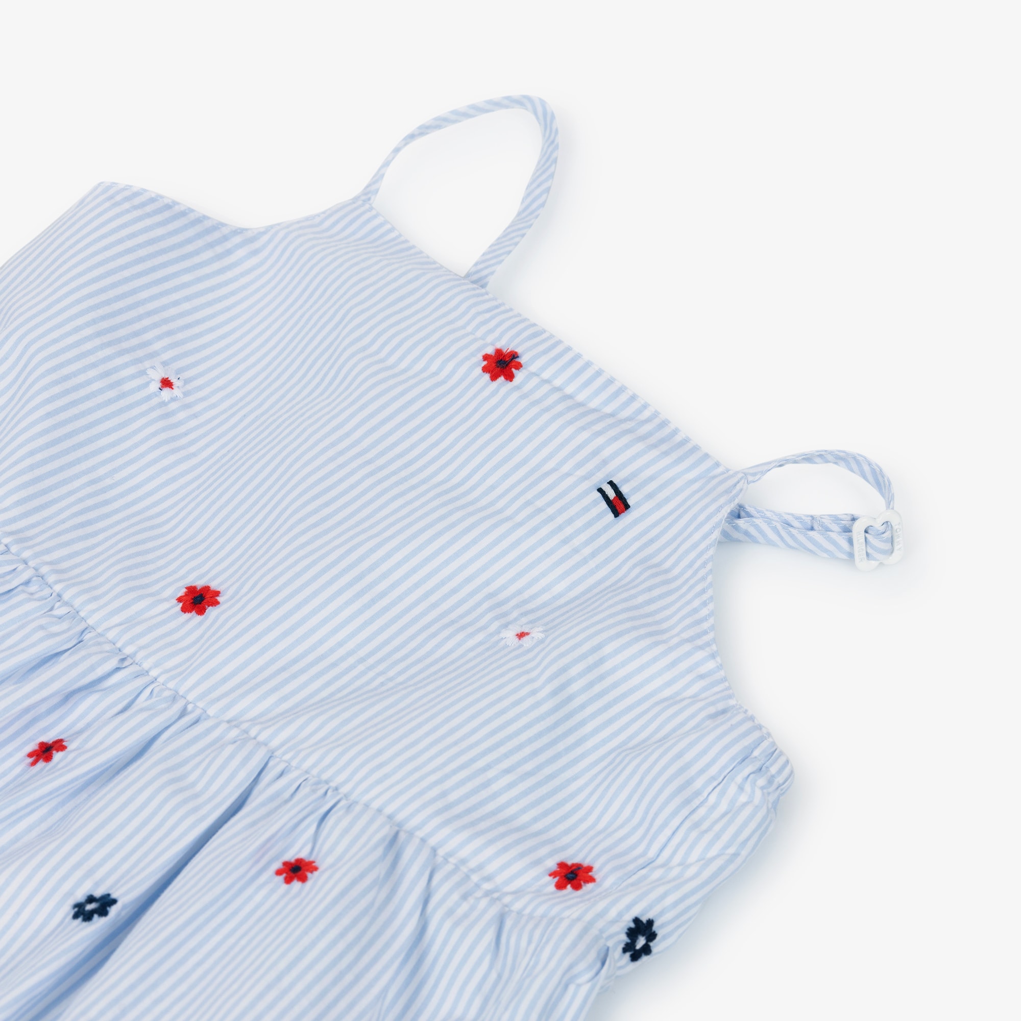 Girls Blue Striped Cotton Dress with Floral Embroidery - View 3