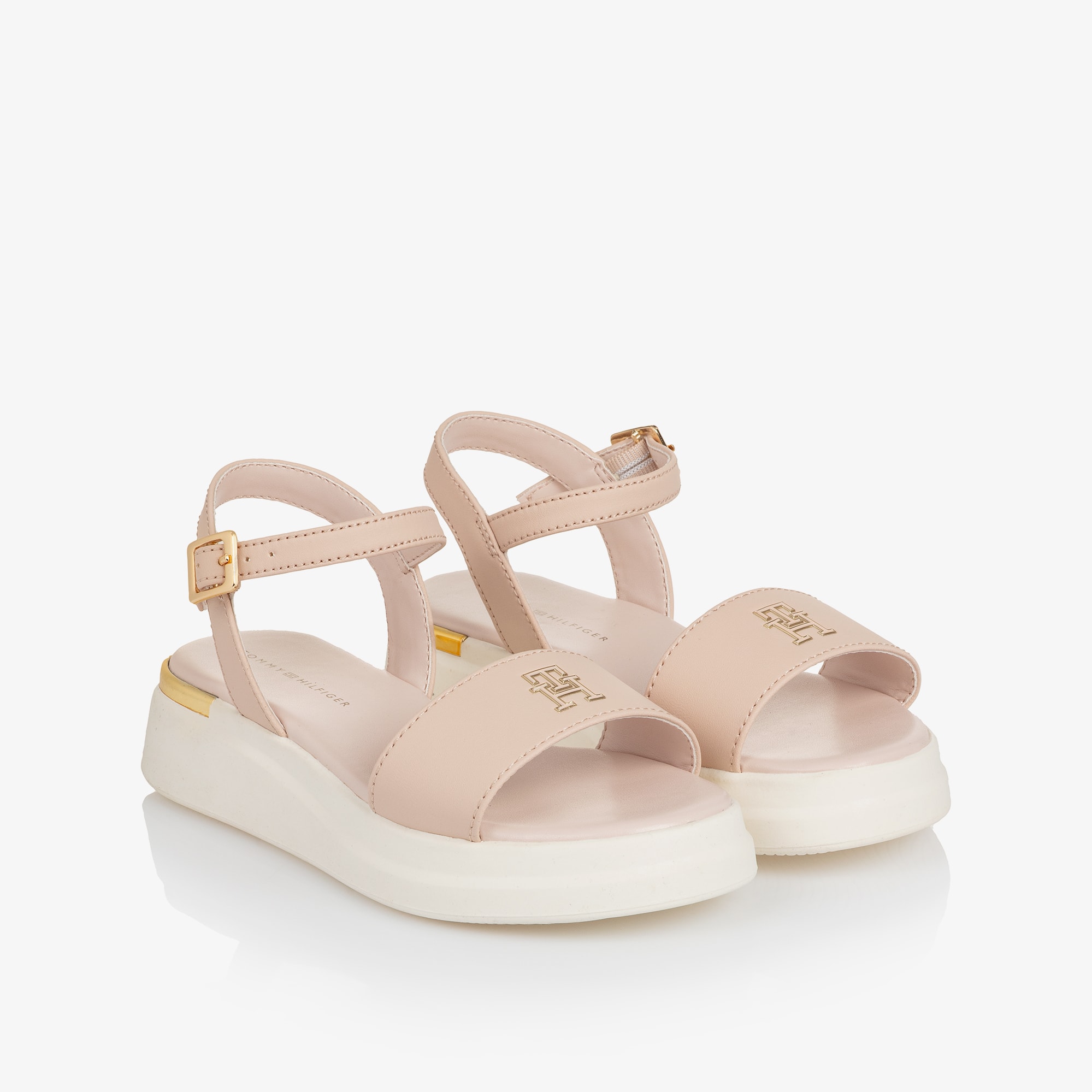 Girls Pink Faux Leather Sandals with TH Monogram - View 1