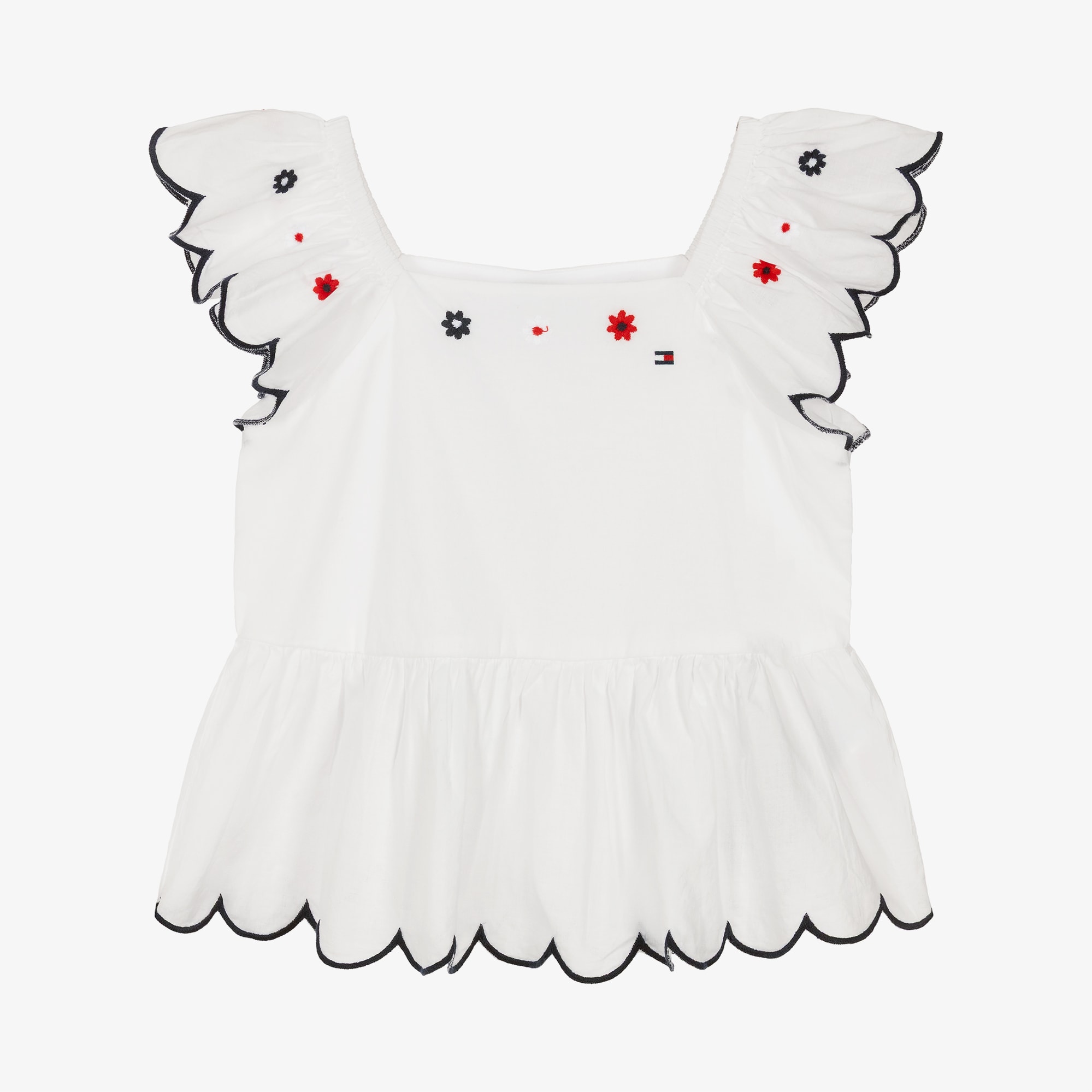 Girls White Cotton Blouse with Scalloped Trim - View 1