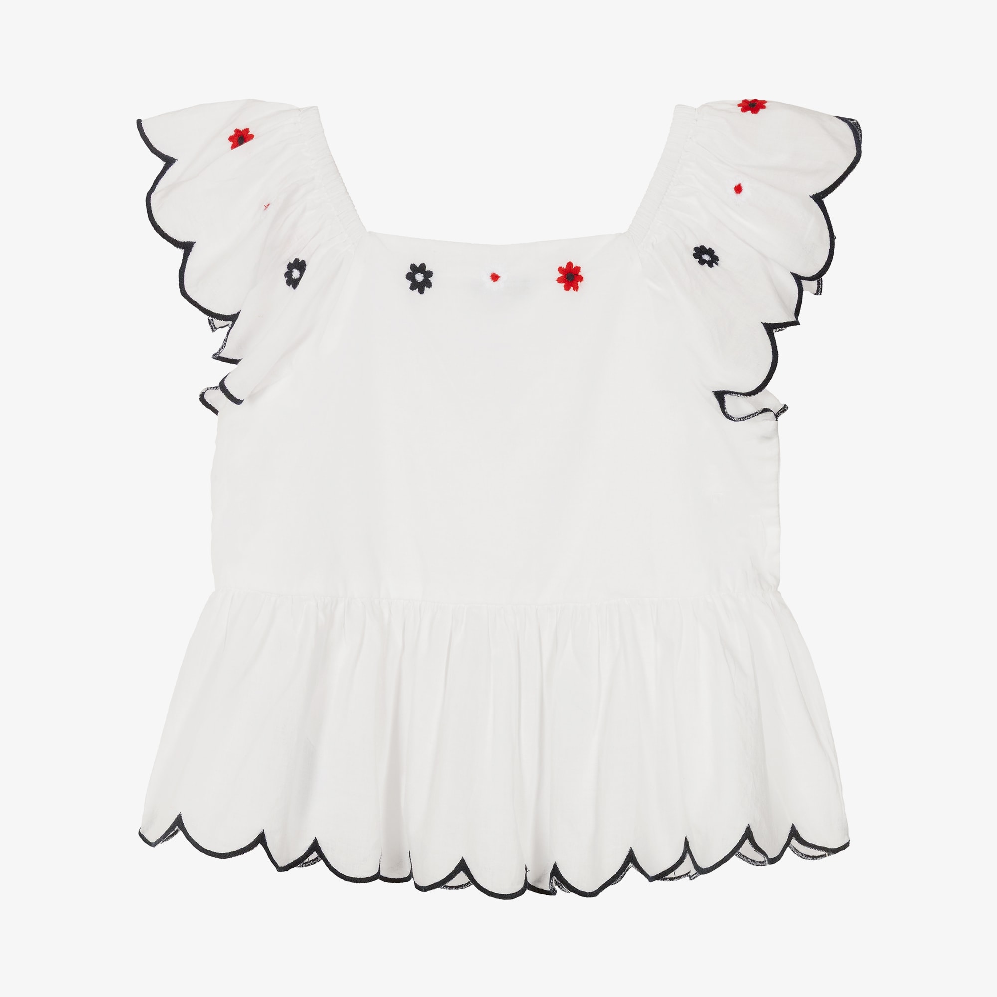 Girls White Cotton Blouse with Scalloped Trim - View 2