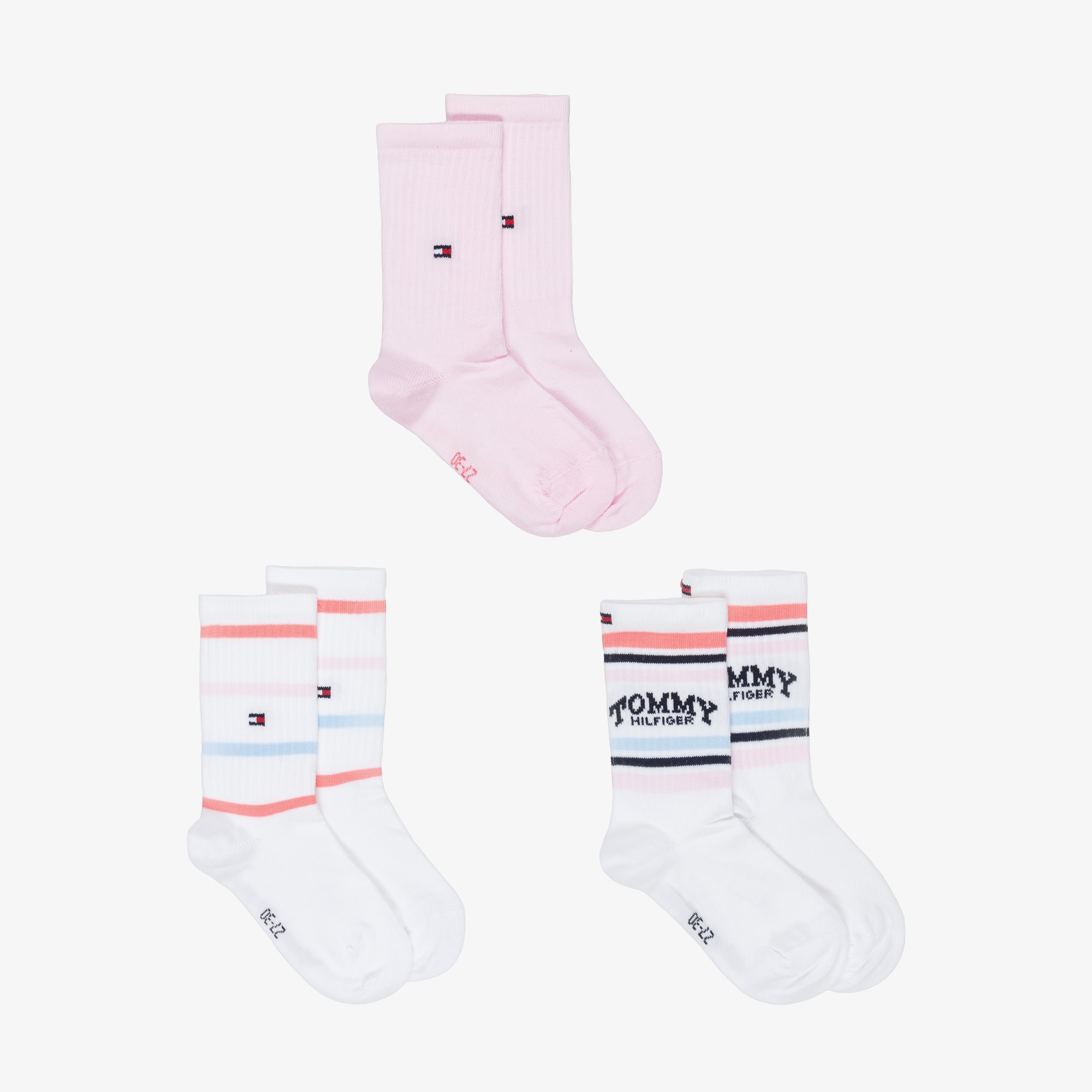 Girls White Striped & Pale Pink Ankle Socks (3 Pack) - View 1