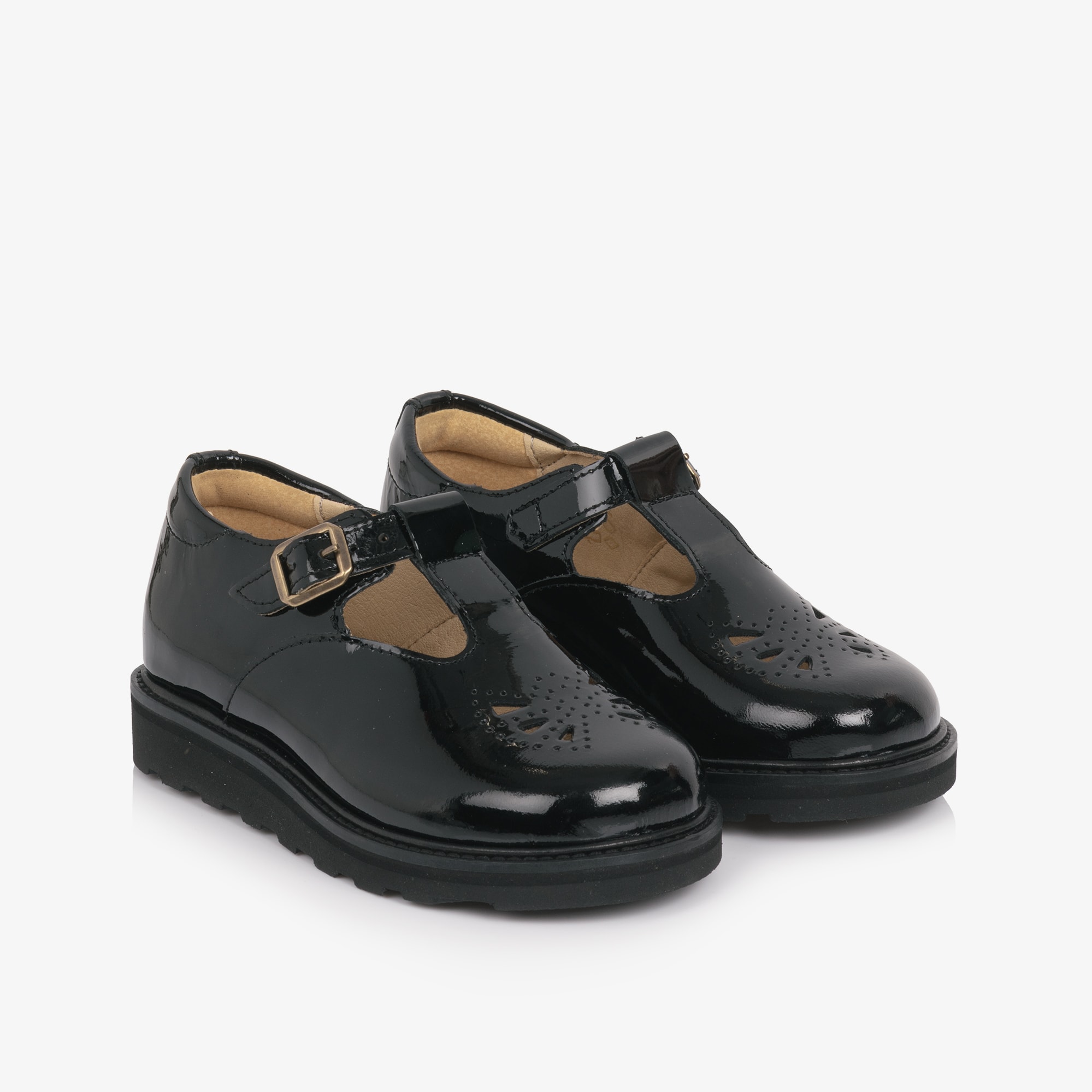 Girls Black Patent Leather T-Bar Buckle Shoes - View 1